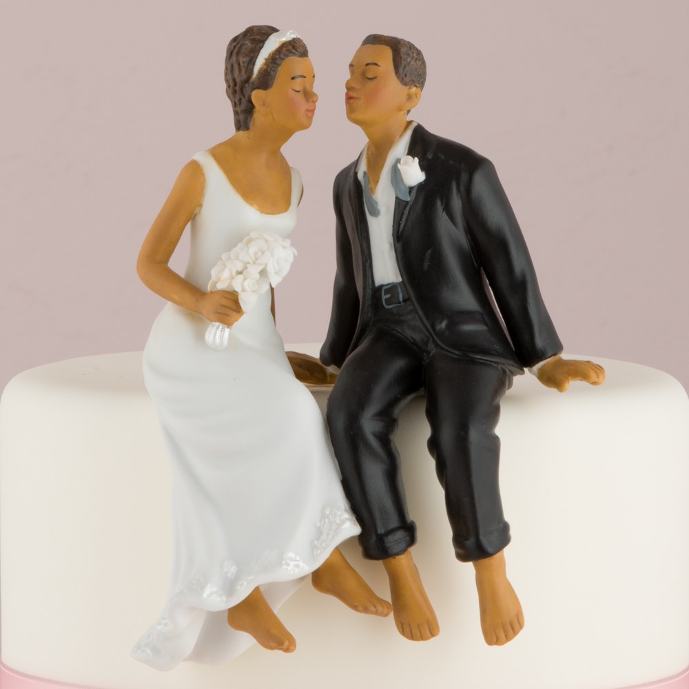 Whimsical Sitting Bride and Groom Cake Topper (Non-Caucasian)