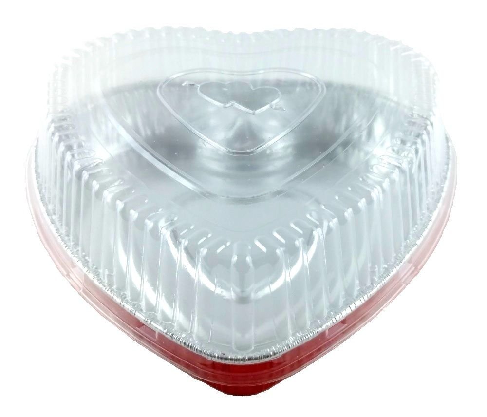 Red Aluminum Heart Shaped Foil Cake Pan w/Clear Dome Lid