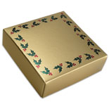 8 oz. 2 Piece Candy Box: 5 3/4 x 5 3/4 x 1 1/8 in. - Gold Luster Holly & Berries